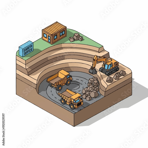 Isometric illustration of mining operation with excavator and dump trucks.