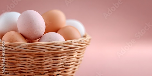 Wallpaper Mural Basket filled with eggs in different colors sits against a pink surface Torontodigital.ca