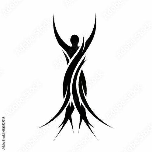 Abstract human figure with tribal design elements.