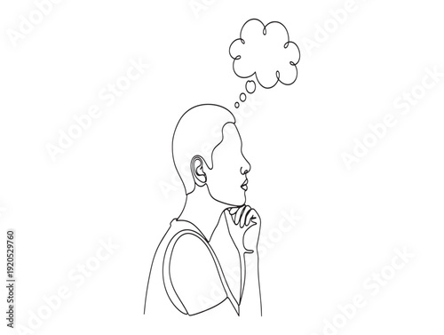 A man with a thought bubble lost in thought side profile
