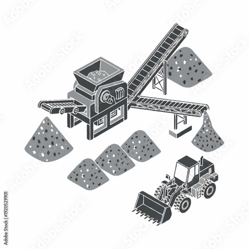 Gravel processing plant with crusher and loader.