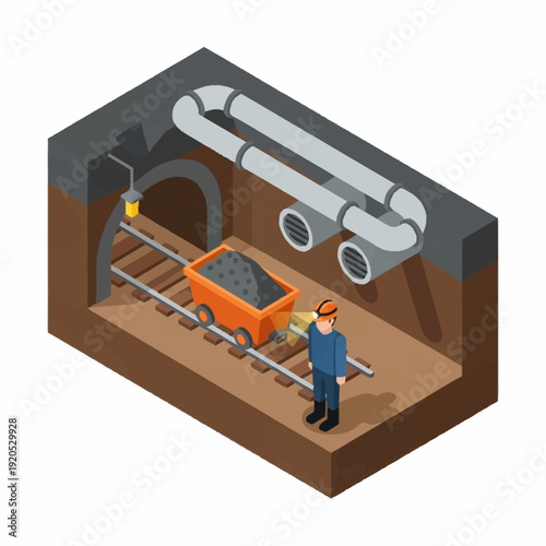 Miner operating an ore cart in an underground mine tunnel.