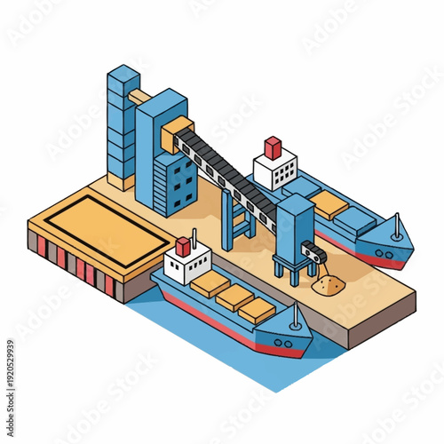 Isometric illustration of a busy industrial dock with cargo ships and storage facilities.