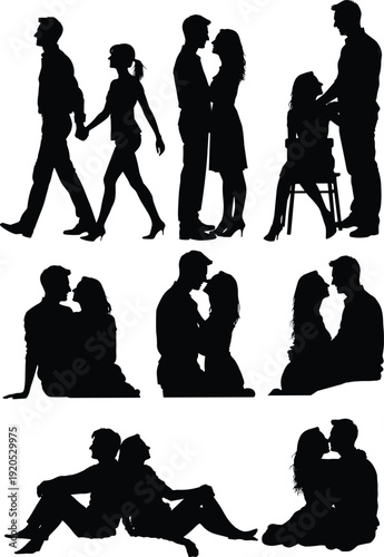 Romantic couple silhouettes set, love relationship poses vector illustration, kissing partners, dating scenes, isolated black figures collection