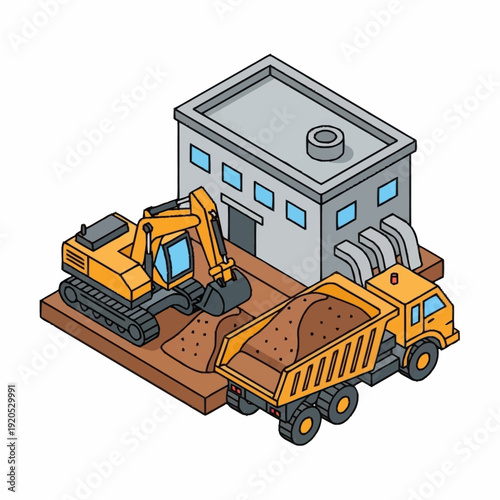 Construction Site with Excavator and Dump Truck.