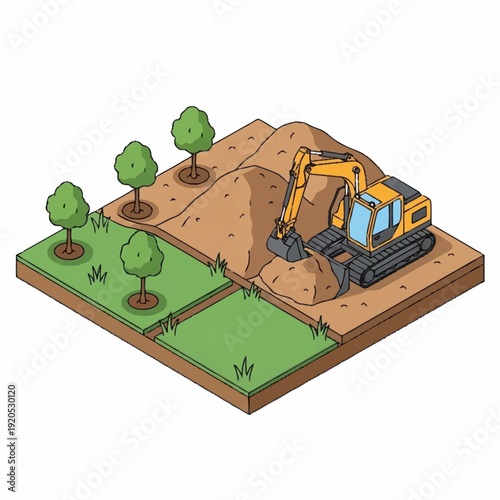 Yellow Excavator Digging in a Landscape with Trees.