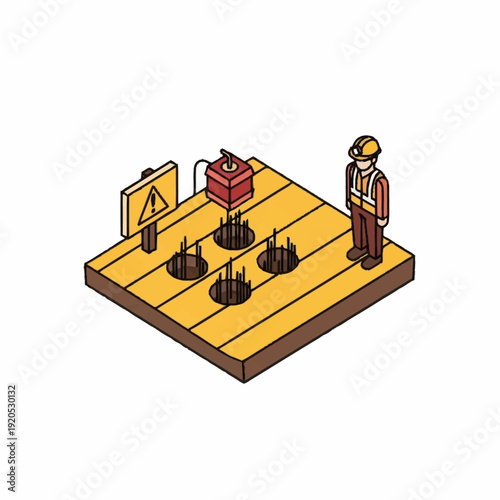 Construction worker standing on a wooden platform with warning signs and equipment.