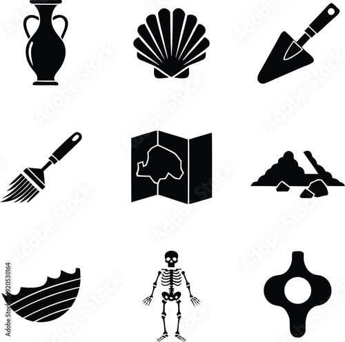 Black and white of archaeological tools, artifacts, and symbols on a white background