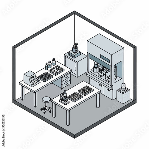 Modern Laboratory Interior with Equipment and Workstations.