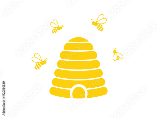 A yellow beehive with bees flying around it on a white background