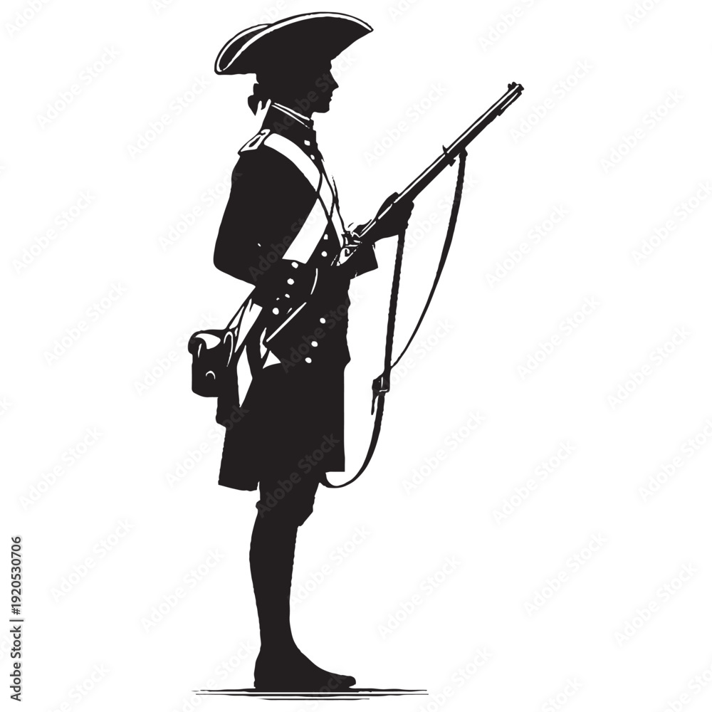 Fototapeta premium Colonial Soldier Full Body Silhouette with Musket - Revolutionary War Patriot Military Vector