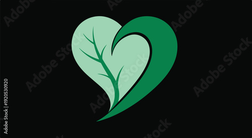 Heart shape formed by a green leaf and a branch, symbolizing love for nature and environmentalism on a black background.