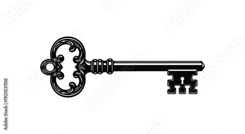 An ornate antique key is presented in a stark black design against a white background silhouette high quality professional