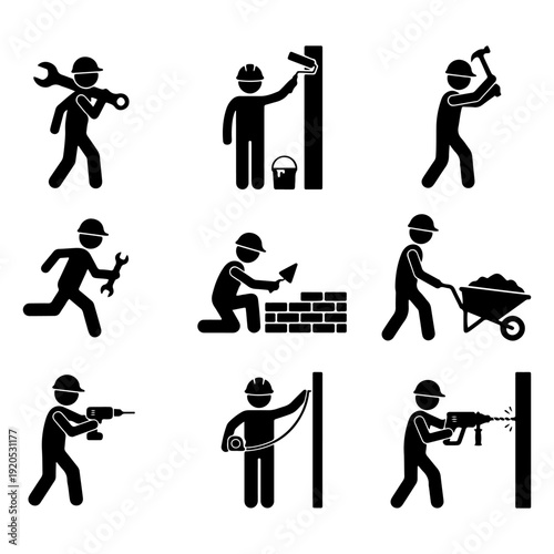 A collection of black stick figures illustrating diverse construction professions and relevant hand tools.