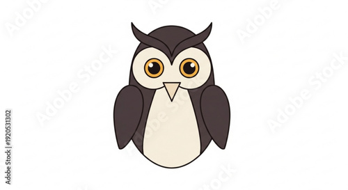 Cute cartoon owl with big eyes and horns on head looking forward on white background