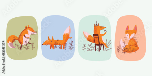 Cute childish wolf, fox cartoon  hand drawn vintage vector illustration. Isolated on white background can be used for print, decor, poster and cards.