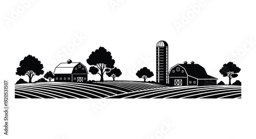 A serene black and white landscape depicts a classic rural farm scene with buildings and fields silhouette high quality