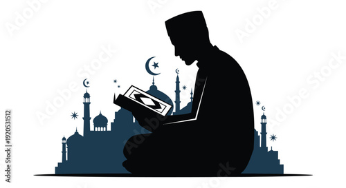 A man reads the quran against a mosque backdrop silhouette