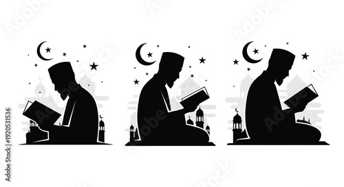 Islamic prayer and reading with a crescent moon a beautiful silhouette