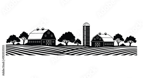 A picturesque farm scene depicts barns fields and trees in a striking black and white silhouette high quality professional