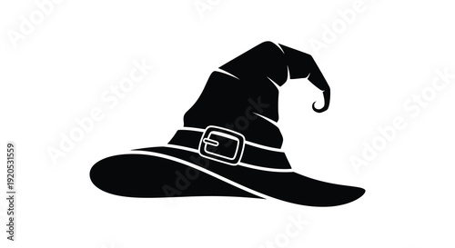 A striking black witch s hat with a decorative buckle band is prominently displayed against a white background silhouette
