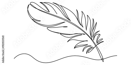 Simple black and white line drawing of a bird feather resting on a wavy surface Vector, illustration