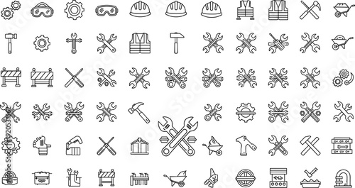 Massive industrial and construction vector icon set with hand tools, safety gear, and mechanical line-art symbols.
