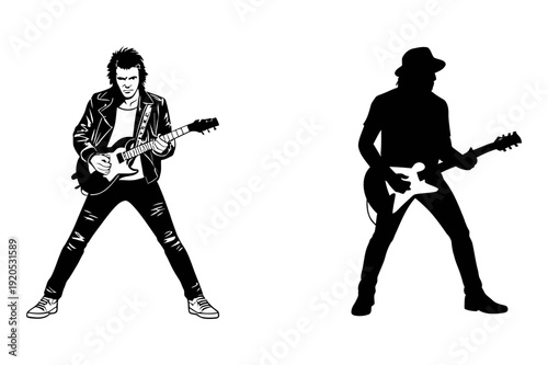 A vector graphic illustration of two musicians playing electric guitars in different styles