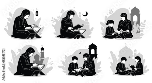 Muslim women and children reading islamic art illustration dark silhouette