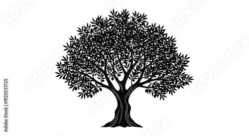 A detailed depiction of a mature leafy tree with a robust trunk and sprawling branches presented as a silhouette