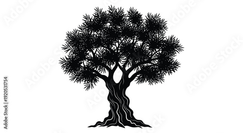 A detailed black illustration depicts a mature sprawling tree with dense foliage and gnarled branches a striking silhouette