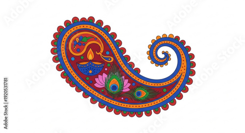 Colorful paisley design with floral patterns and peacock elements on white background