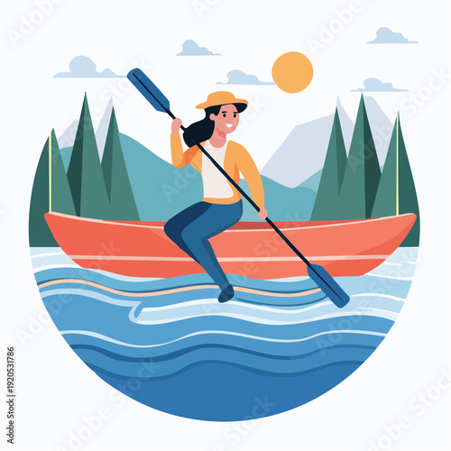 Woman paddling an orange boat on serene water amidst autumn leaves and foliage