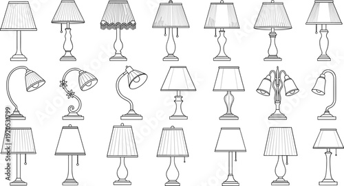 Massive table lamp vector set with 21 unique lighting designs including traditional, modern, and task lamp line-art.