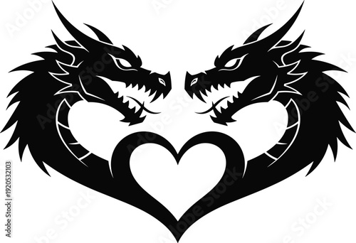 Black vector silhouette of two mythical dragon heads facing each other forming a heart shape for fantasy gothic tattoo and dark romance branding