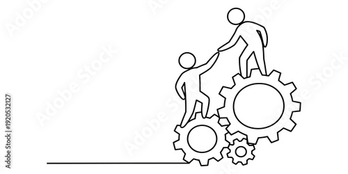 Continuous line drawing of two people helping each other climb up on mechanical gears. Vector, illustration