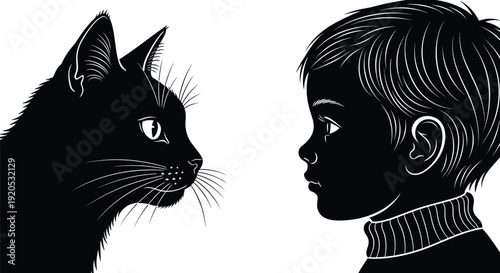 Black vector silhouette profiles of a young boy wearing a turtleneck sweater and a domestic cat looking at each other for pet friendship branding