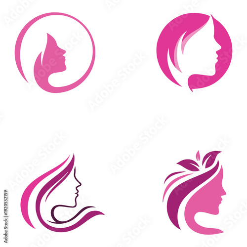 Pink profile silhouettes of woman faces with flowing hair  beauty and cosmetics icons icon