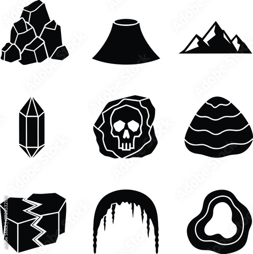 Black and white of rocks, mountains, crystals, and geological formations boulders