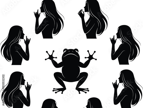 Black vector silhouette set of a long haired woman in secret poses and a frog for fairytale storytelling beauty salon and skincare branding