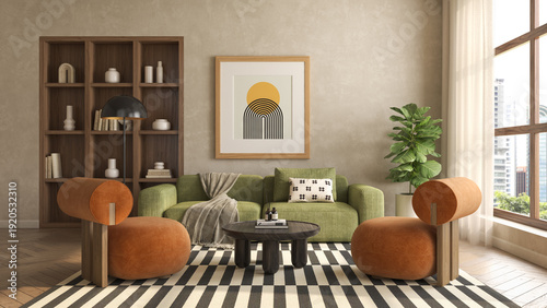 Mid century style conceptual dopamine interior room 3d illustration