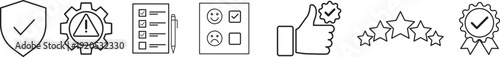 Minimal Line Quality Assurance Icons Set Shield Checklist Rating Stars Approval Badge Outline Vector for UI UX and Business
