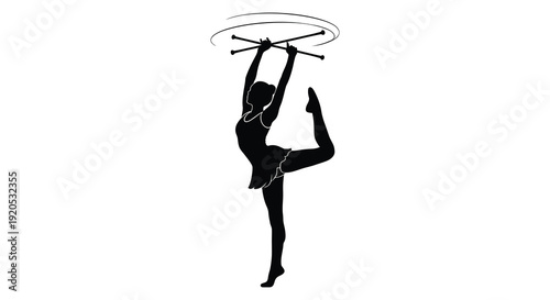A dynamic image showcases a rhythmic gymnast skillfully manipulating two clubs in a graceful pose a striking silhouette