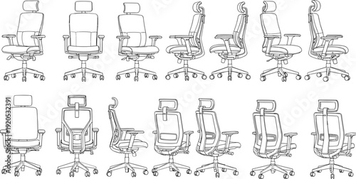 Multi-angle ergonomic office chair vector set with 360-degree technical views of modern task and mesh seating.