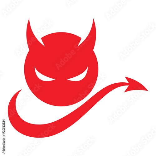 Fotografi Red devil face with horns and tail on white background icon