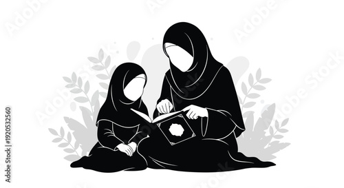 Mother and daughter reading together a striking black silhouette