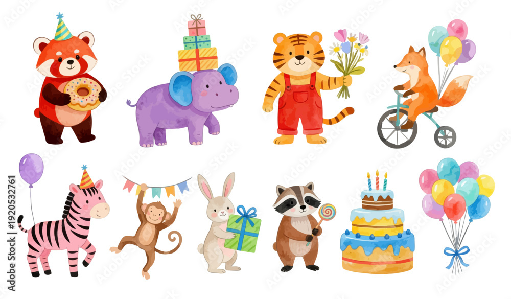 Fototapeta premium Birthday fun animals set. Watercolor birthday zoo parade with gifts, cake and balloons: red panda, fox. Collection of Vector illustrations. Perfect for invitation, card, poster, banner, decoration
