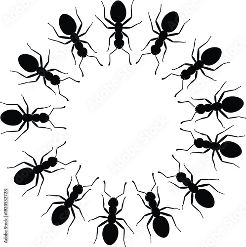 Black vector silhouette set of ants walking in a circle formation for nature insects teamwork cooperation and pest control branding cad drawing flat vector illustration