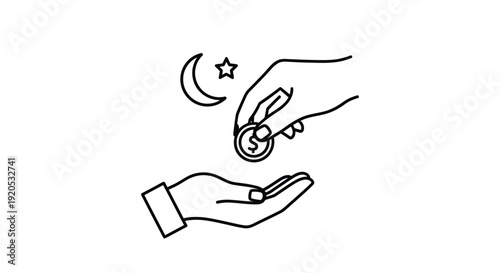 Hand offering a coin under moon and stars simple line silhouette