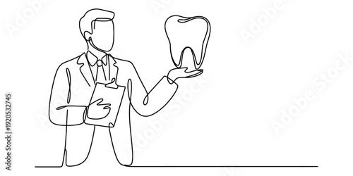 Continuous line drawing of a professional dentist holding a large tooth and a clipboard